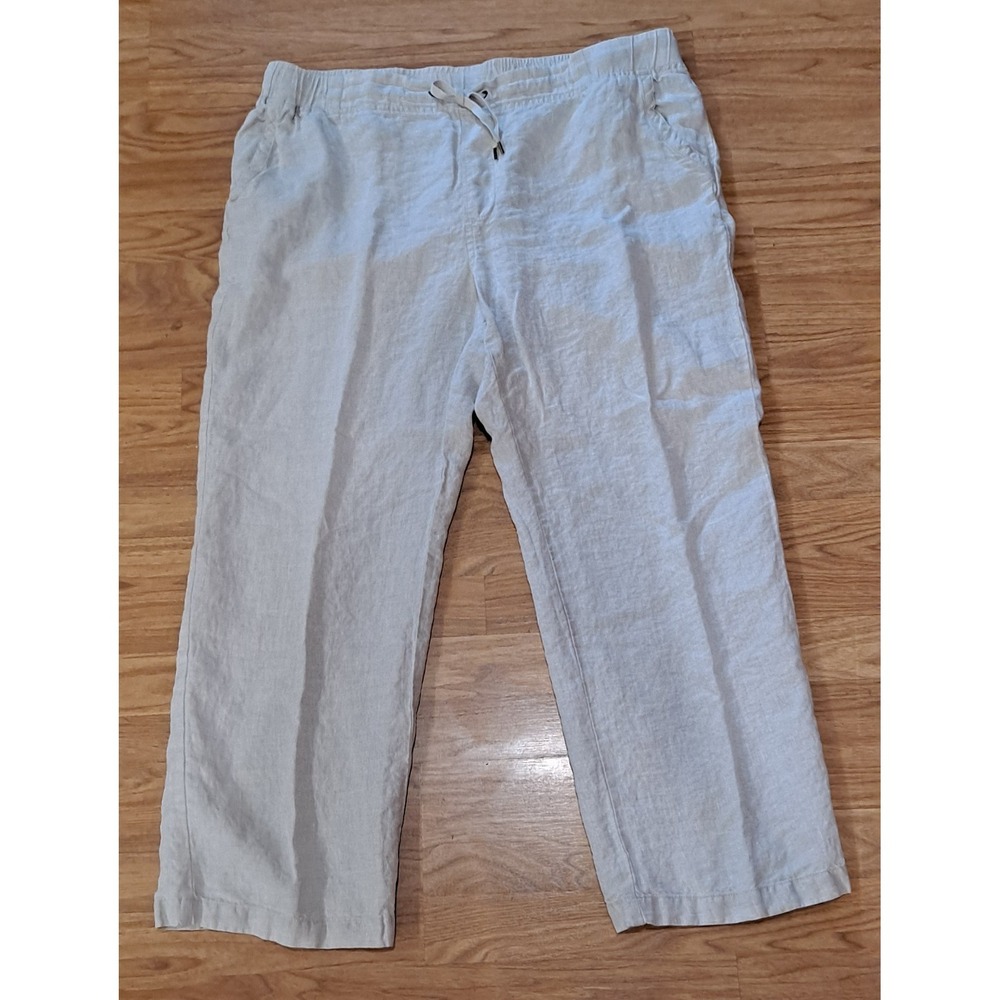 LL Bean Size 18 Pull on Washable Linen Pants Tan W/Pockets Minimalist Lagenlook